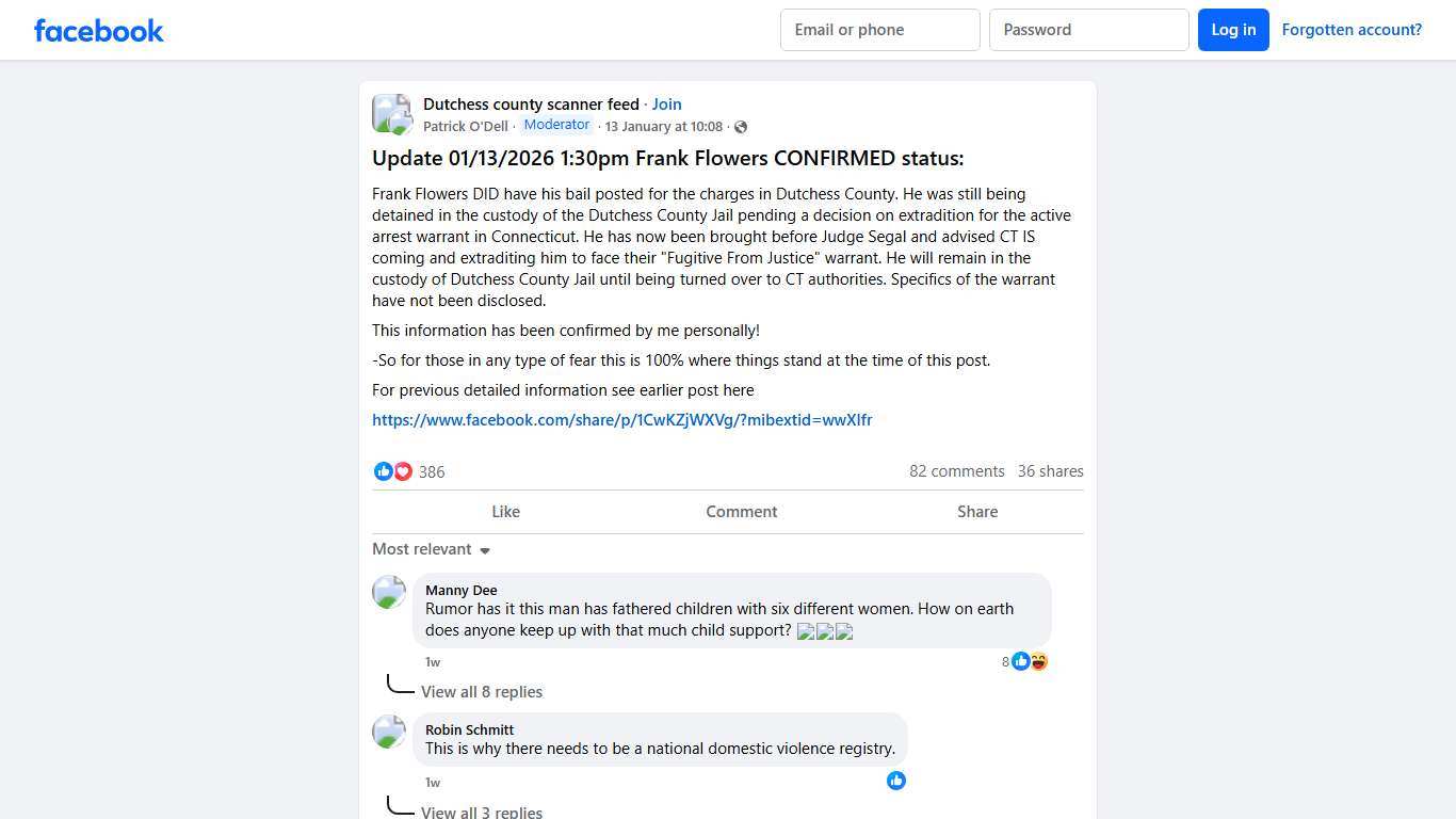 Dutchess county scanner feed Update 01/13/2026 1:30pm Frank Flowers CONFIRMED status: Facebook