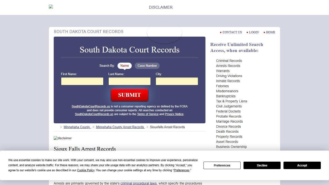 Sioux Falls Arrest Records, Minnehaha County SouthDakotaCourtRecords.us